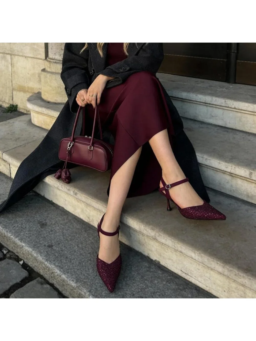 Women's Burgundy Faux Suede Rhinestone Ankle Strap Closed Toe Kitten Heels Pumps